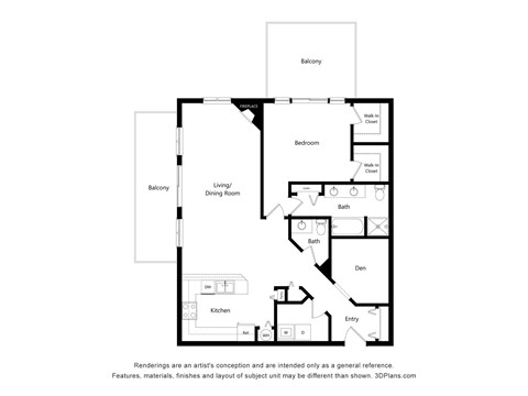 Floor plan for 1 bed, 1.5 baths, 1256 sqft